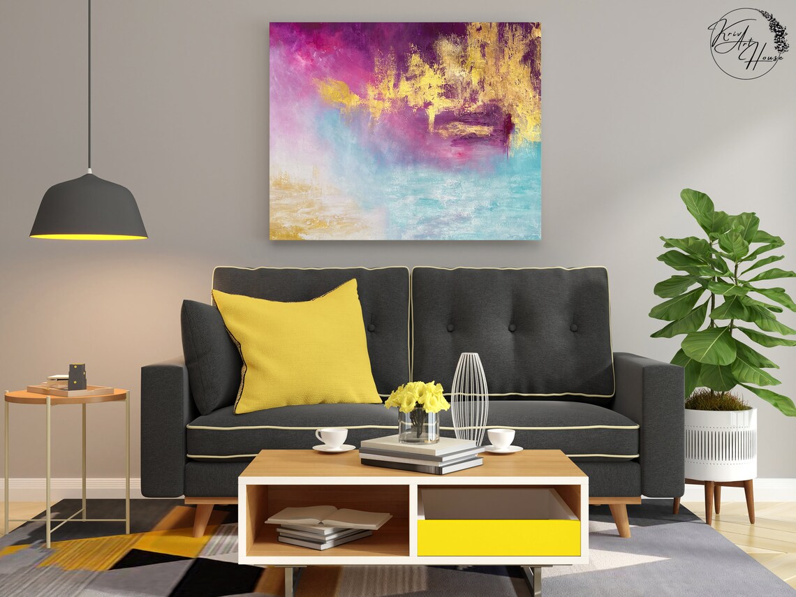 Gold and Pink Abstract Painting, Trendy Wall Art - Image 3