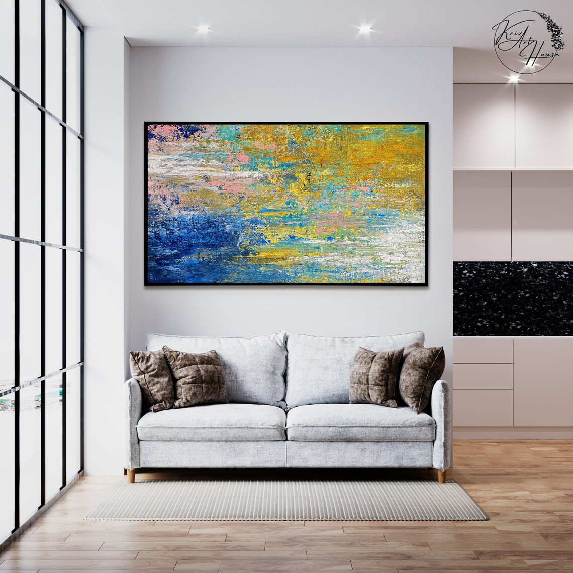 Yellow Blue Abstract Painting, Palette Knife Art Print - Image 3