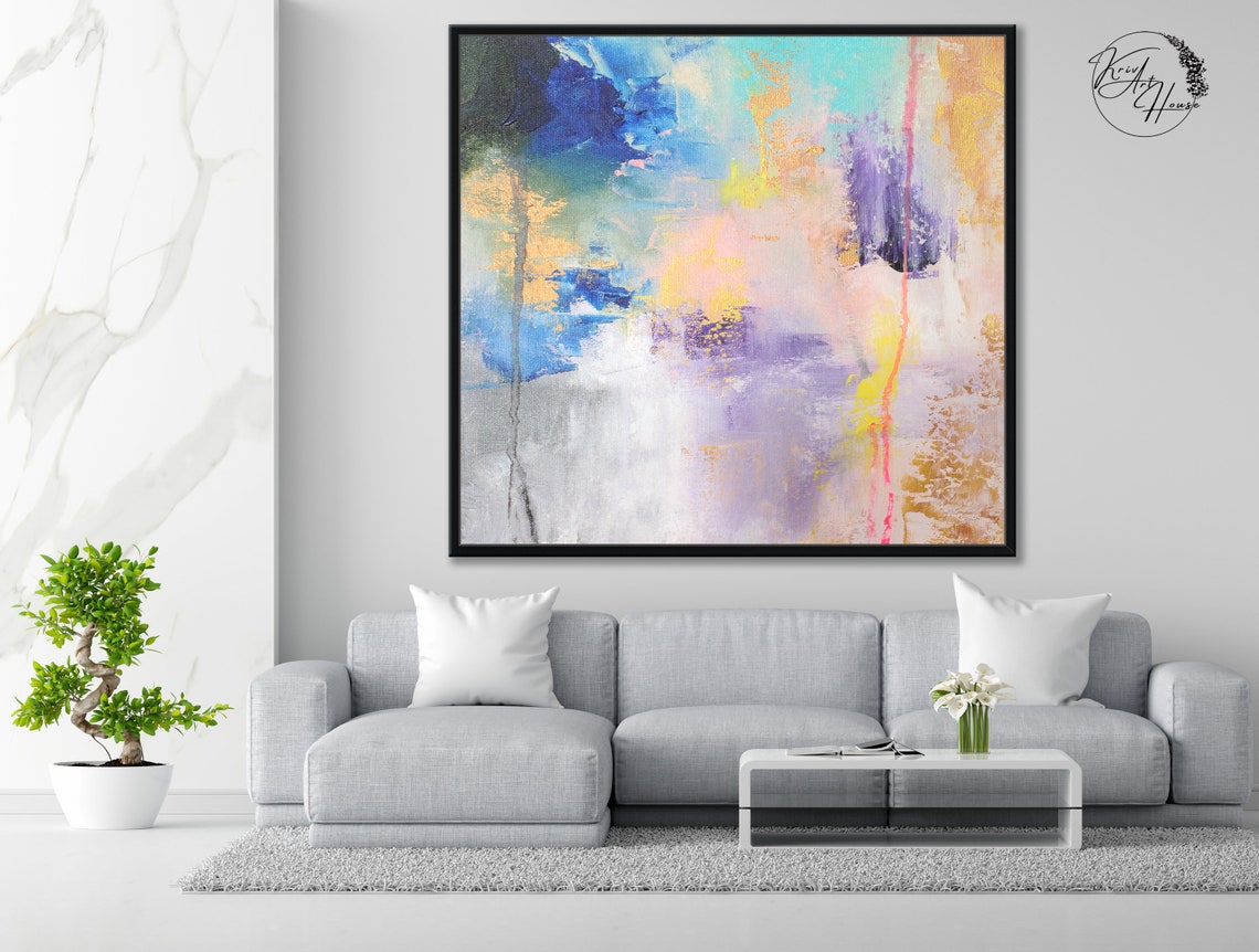 Soft Pastel Blue Pink Gold Purple Abstract Wash Art Wall Print - Image 3