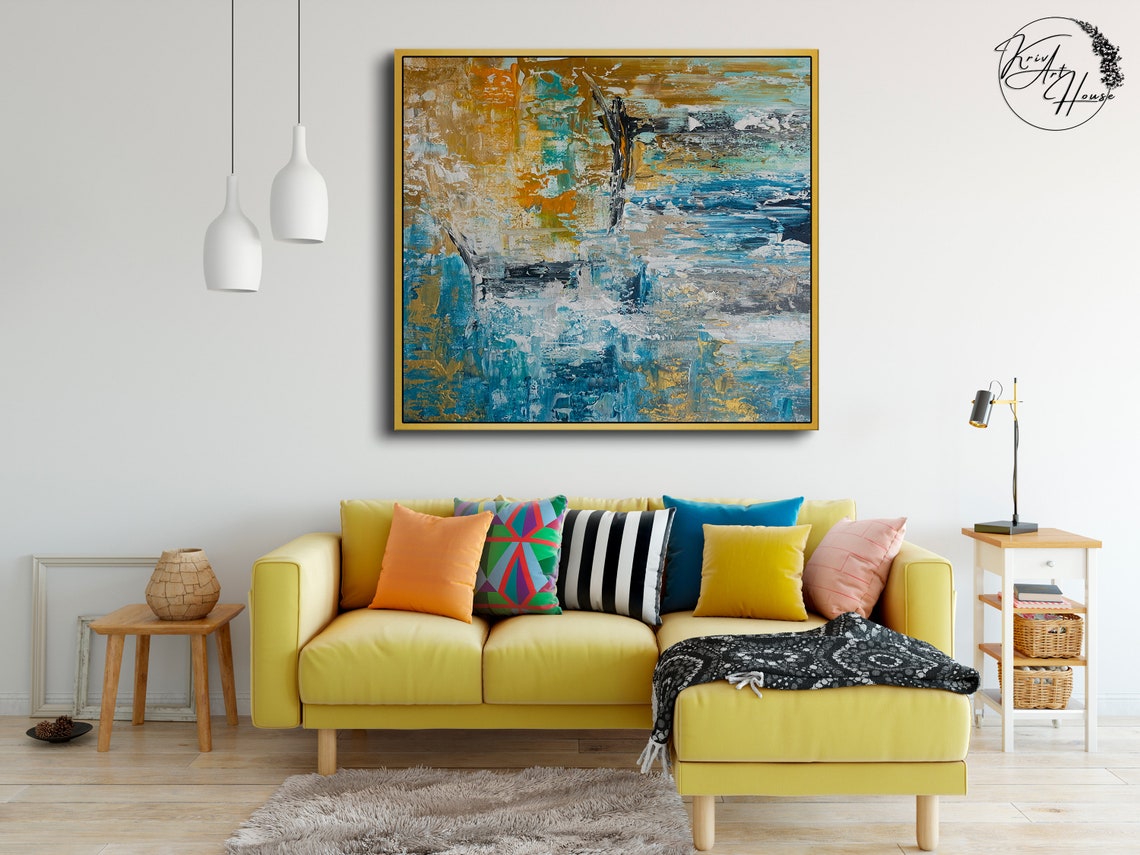Blue and Gold Textured Palette Knife Abstract Square Art Poster - Image 2