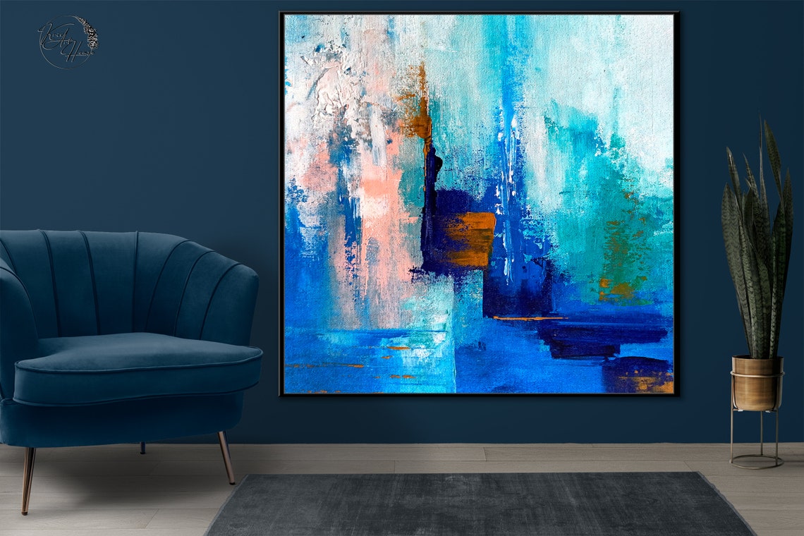Bold Blue Blocks Teal Pink Gold Abstract Painting Modern Wall Poster - Image 4