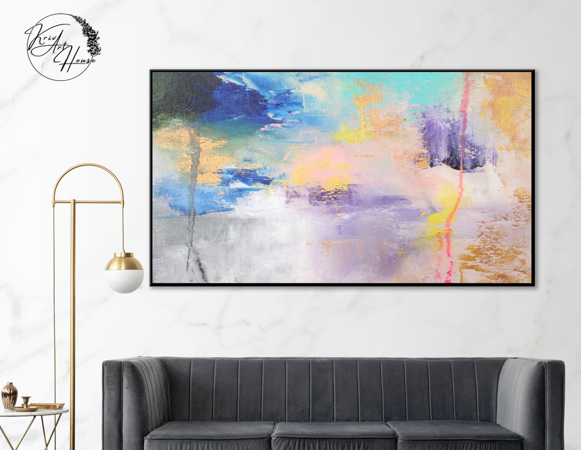 Soft Pastel Blue Pink Gold Purple Abstract Wash Art Wall Print - Image 4