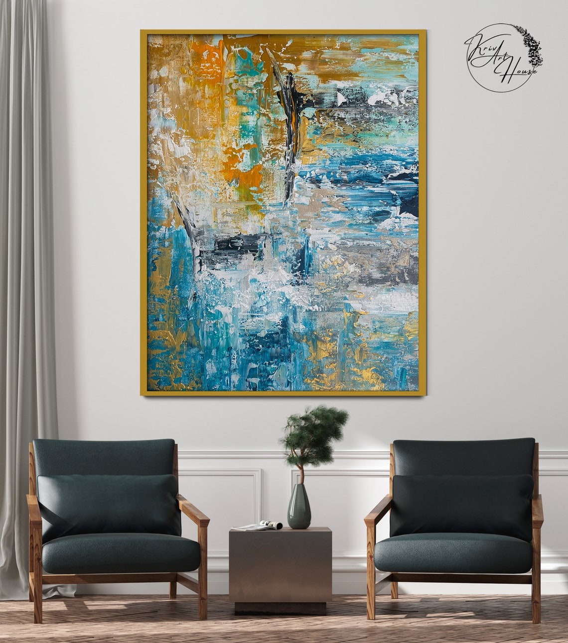Blue and Gold Textured Palette Knife Abstract Square Art Poster - Image 4