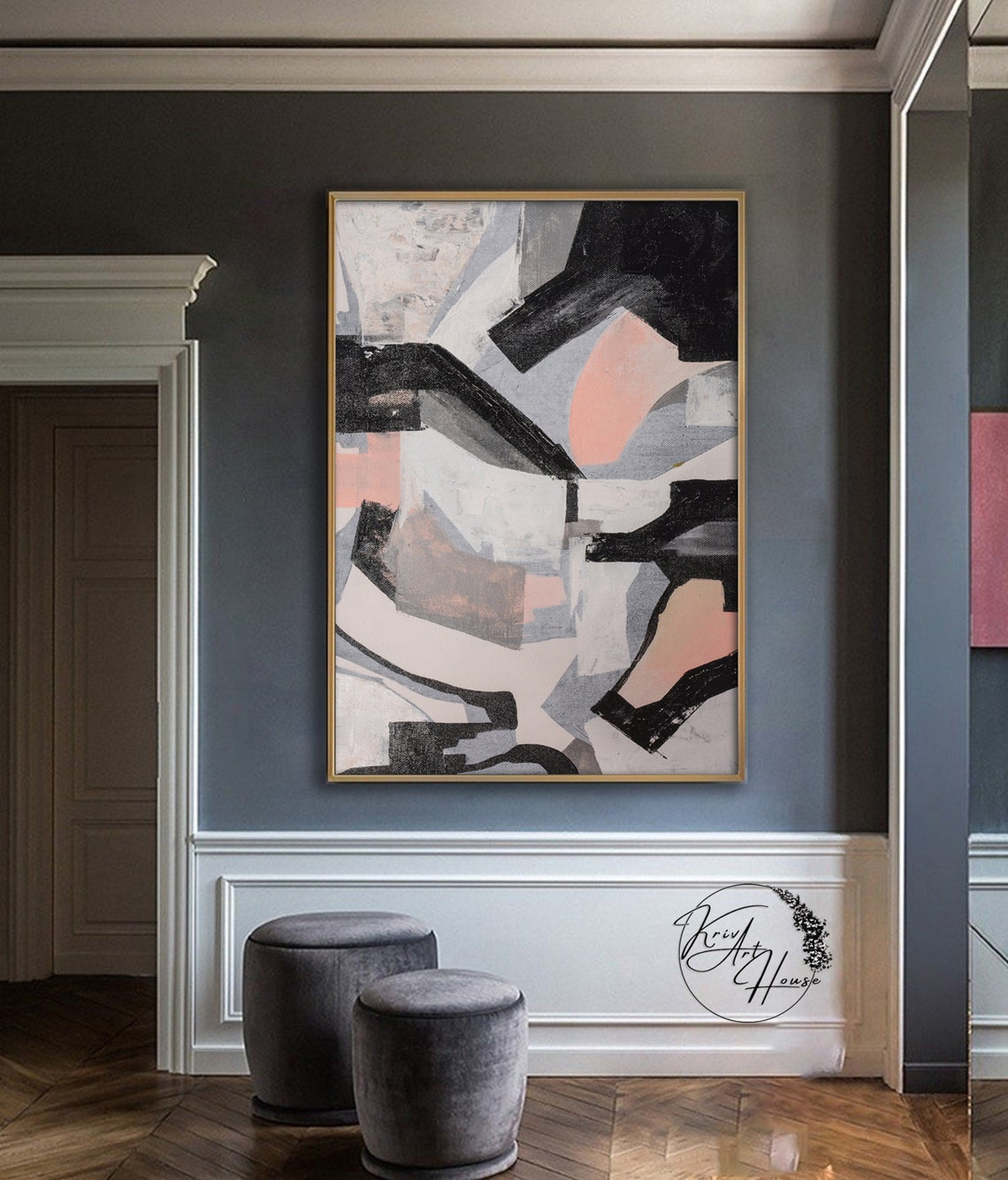 Geometric Black Gray Blush Pink Angular Shapes Abstract Wall Art - Image 3