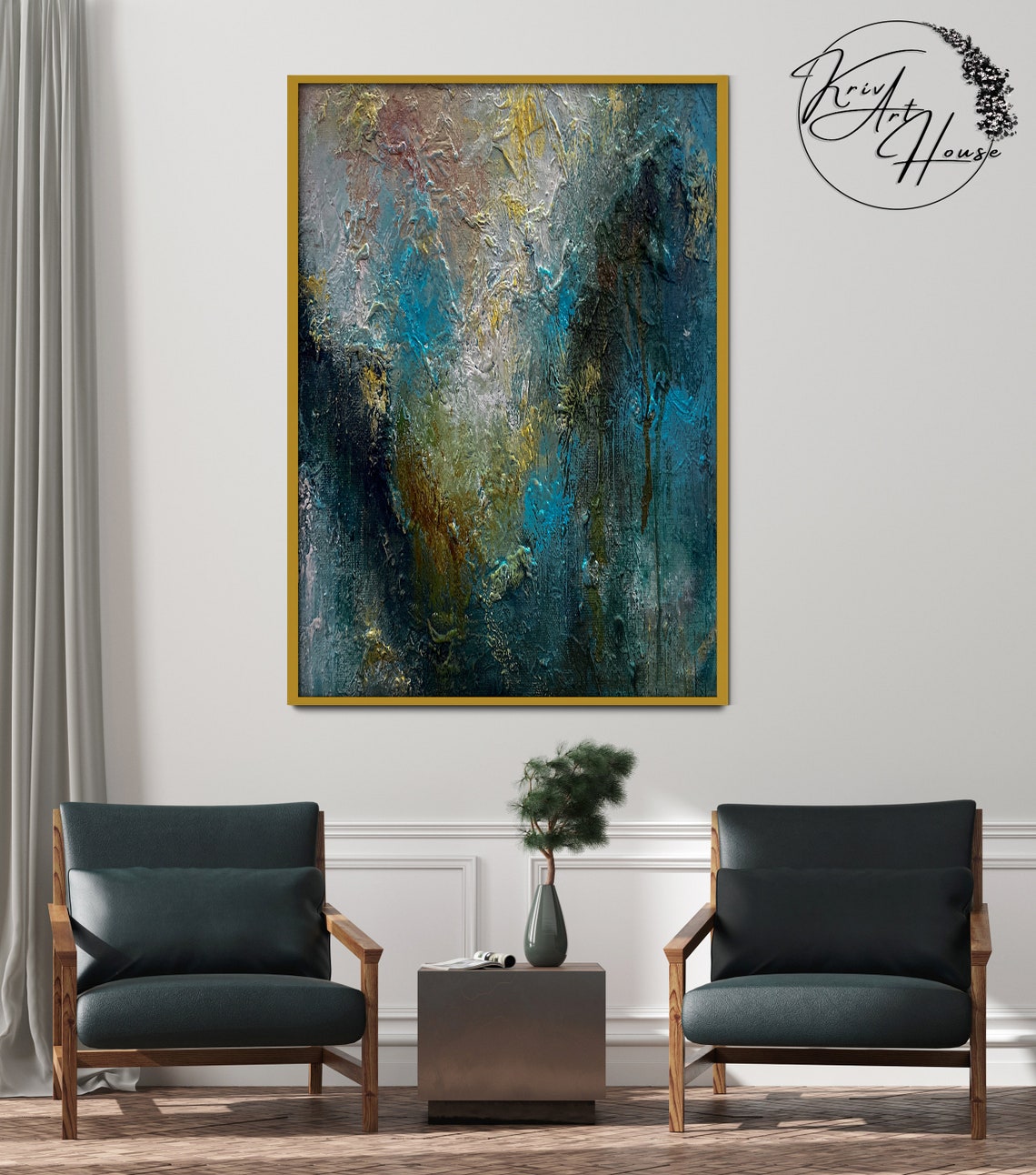 Deep Blue Teal Gold Textured Ocean Abstract Horizontal Poster - Image 3