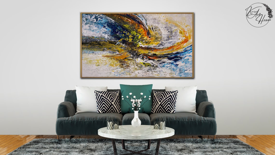 Orange Blue Gold Swirl Energetic Abstract Painting Modern Wall Poster - Image 3