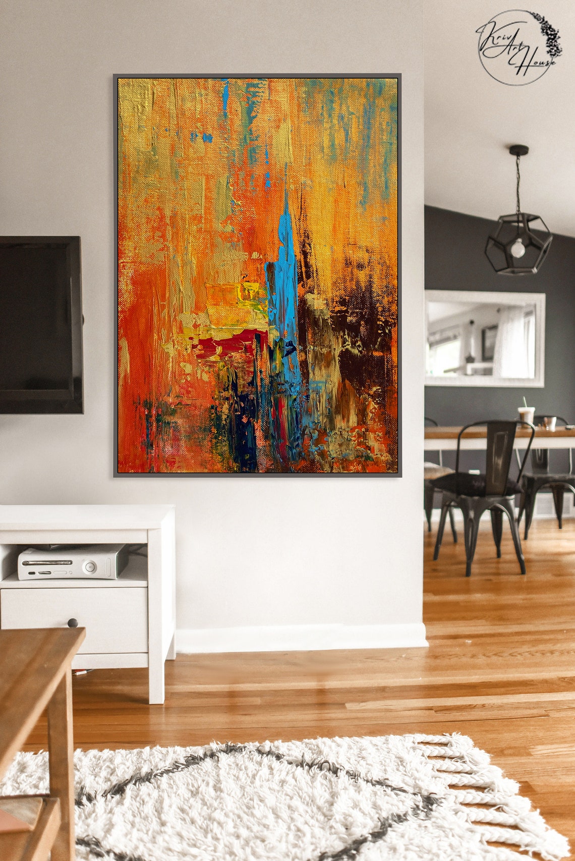 Fiery Orange Gold Blue Sunset Textured Abstract Horizontal Poster - Image 3