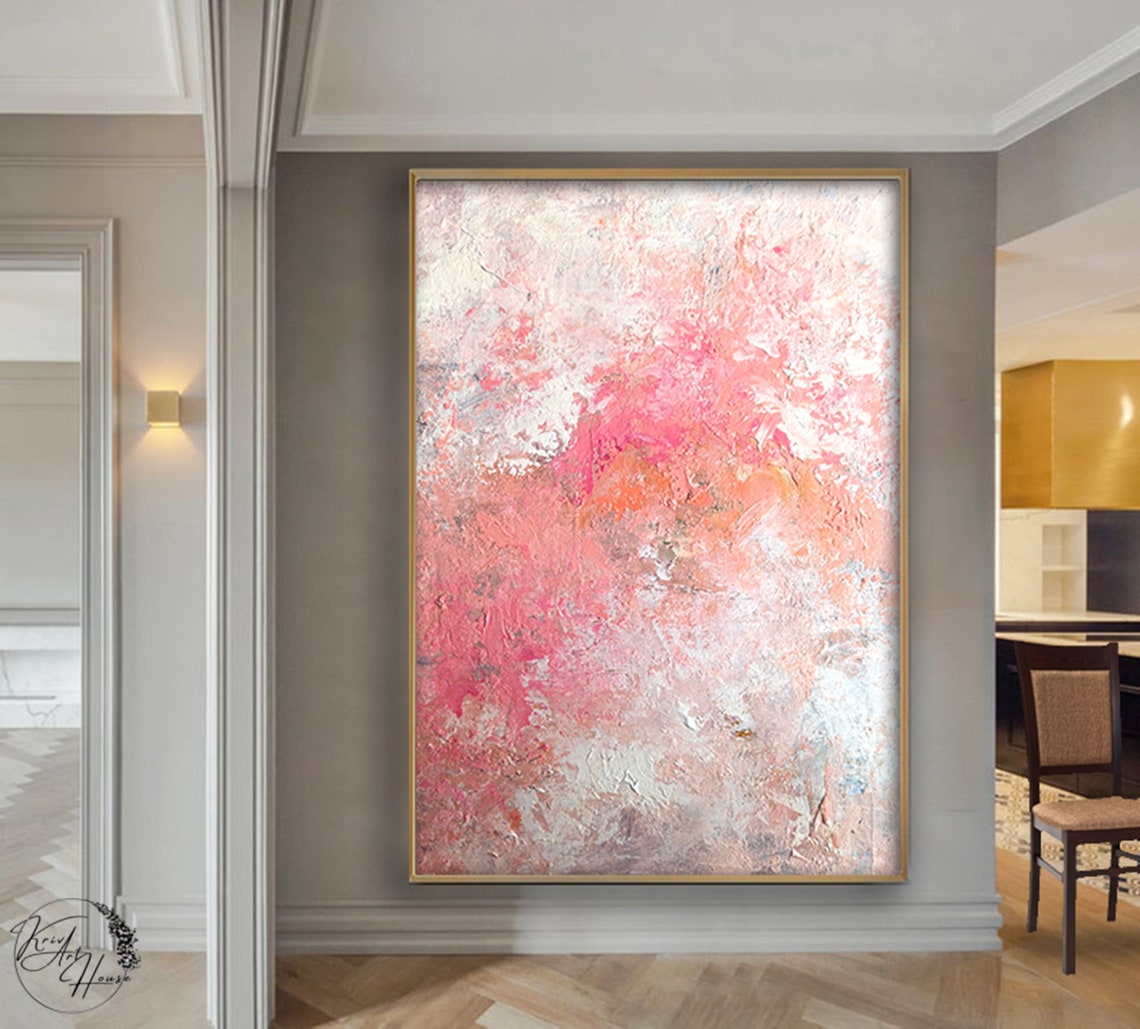 Coral Pink Textured Impasto Abstract Modern Gold Frame Wall Art - Image 3