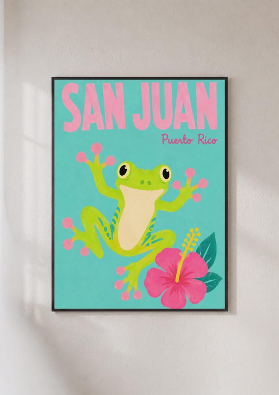 San Juan Puerto Rico Travel Poster Tropical Frog Wall Art Coqui Print Teal Pink