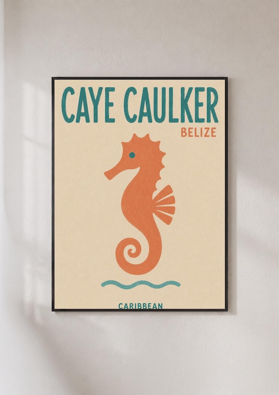 Caye Caulker Belize Caribbean Orange Seahorse Retro Travel Poster