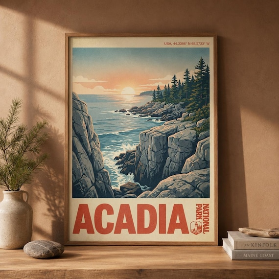 Acadia National Park Maine Rocky Coast Sunset Vintage Travel Poster