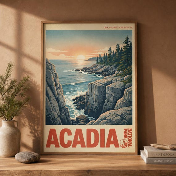 Acadia National Park Print Vintage Maine Coast Travel Poster Coastal Landscape Decor