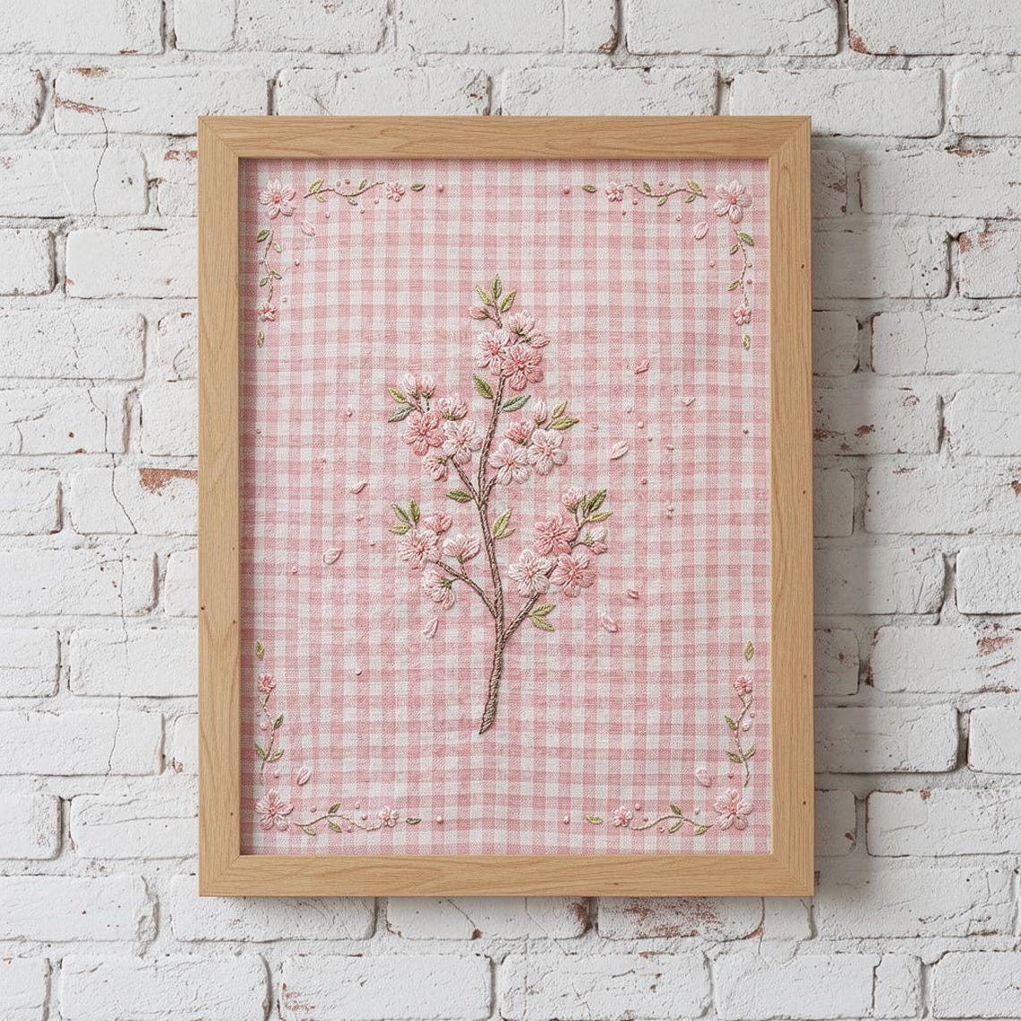 Cherry Blossom Branch Embroidery Pink Gingham Spring Art Print
