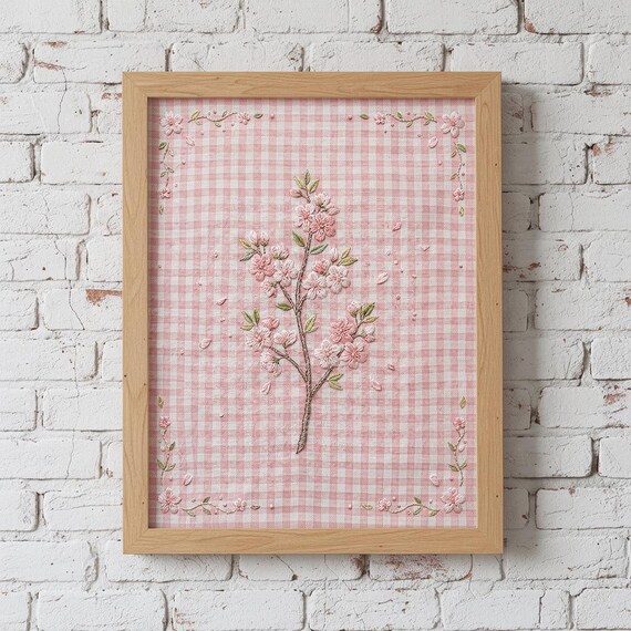 Cherry Blossom Branch Embroidery Pink Gingham Spring Art Print