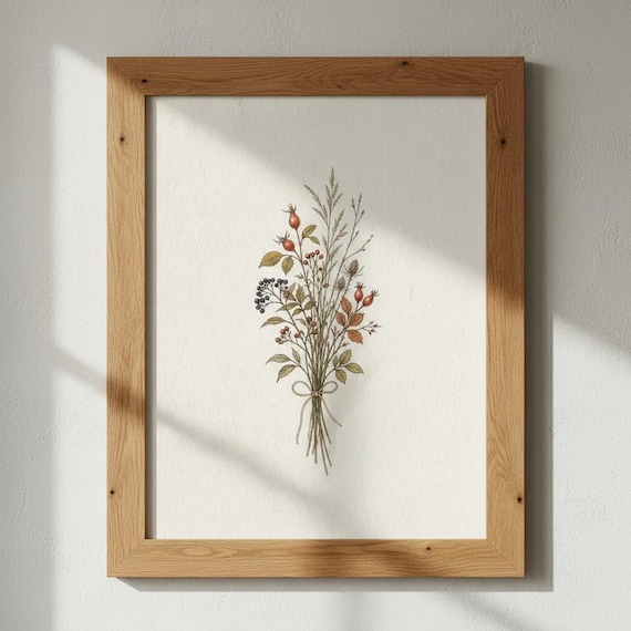Autumn Hedgerow Botanical Bouquet, Vintage Harvest Illustration