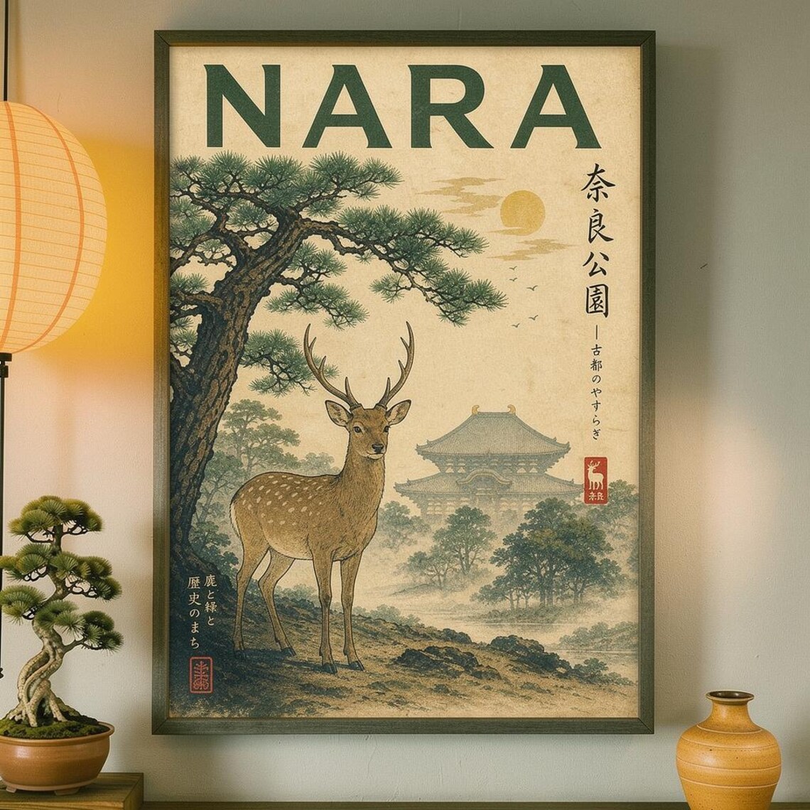 Nara Deer Park Vintage Japanese Landscape Travel Poster
