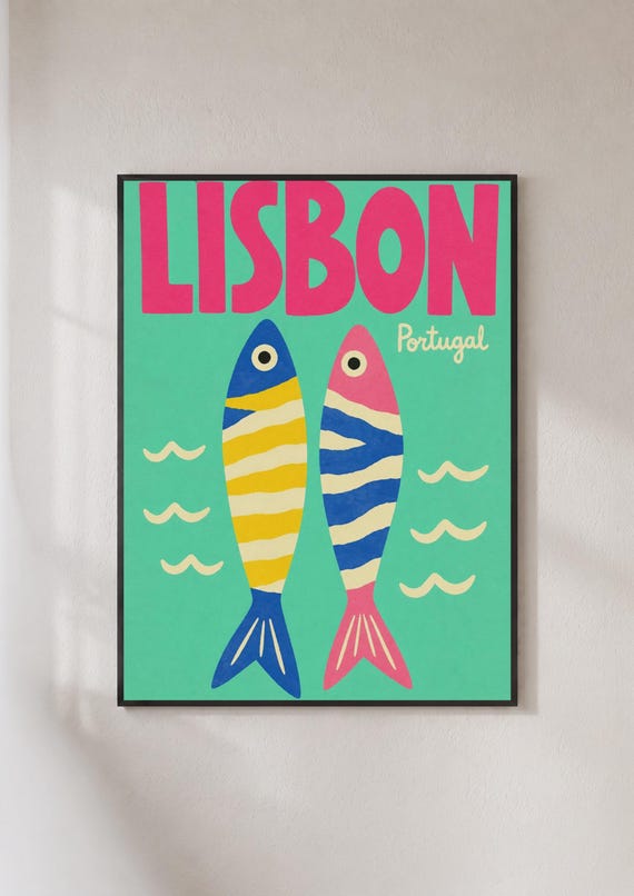 Lisbon Portugal Poster Sardine Fish Wall Art Colourful Travel Print Retro