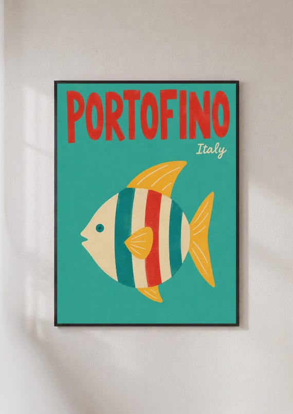 Portofino Italy Retro Travel Poster Italian Riviera Fish Art Print Teal Wall