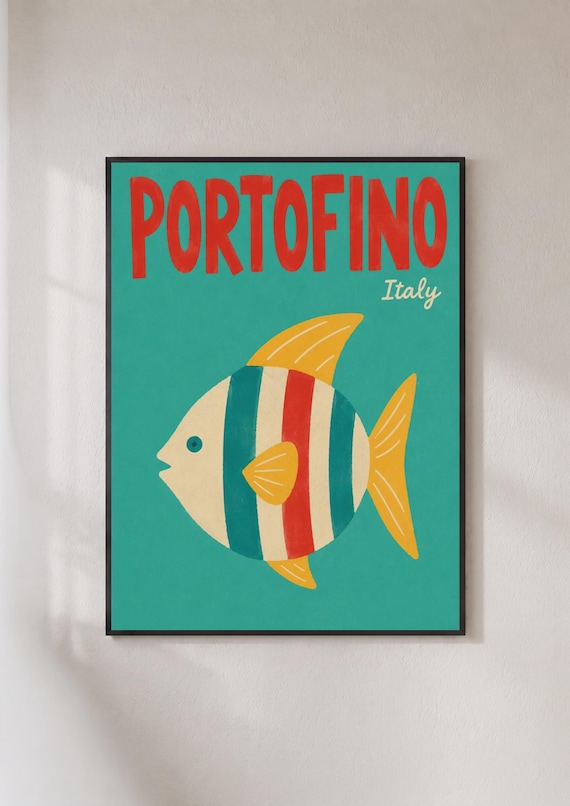 Portofino Italy Striped Fish Travel Poster Retro Coastal Decor