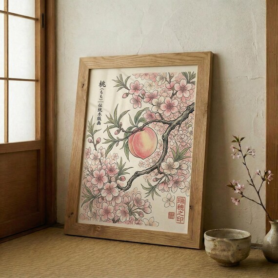 Peach Blossom Momo Japanese Woodblock Traditional Style Art Print