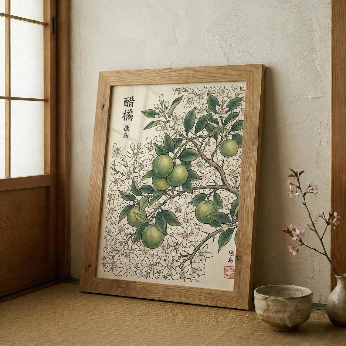 Japanese Citrus Blossom Print Botanical Woodblock Style Wall Art