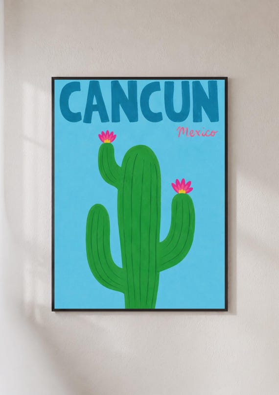 Cancun Mexico Travel Poster, Retro Botanical Art Print