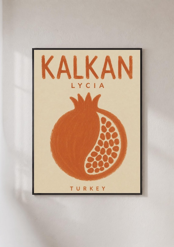 Kalkan Lycia Turkey Travel Poster Terracotta Pomegranate Vintage Art
