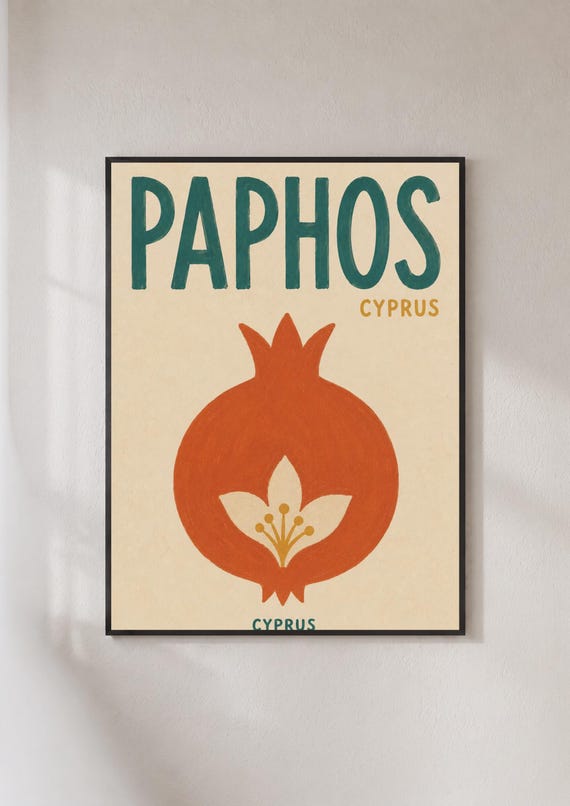 Paphos Cyprus Travel Poster Pomegranate Wall Art Retro Mediterranean Print