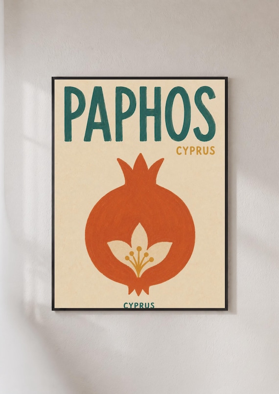 Paphos Cyprus Vintage Travel Poster Pomegranate Botanical Art