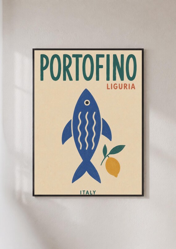 Portofino Italy Retro Travel Poster Liguria Blue Fish Lemon Beach Art