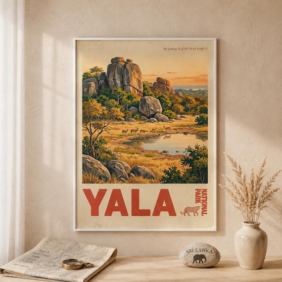 Yala National Park Vintage Safari Poster, Wildlife