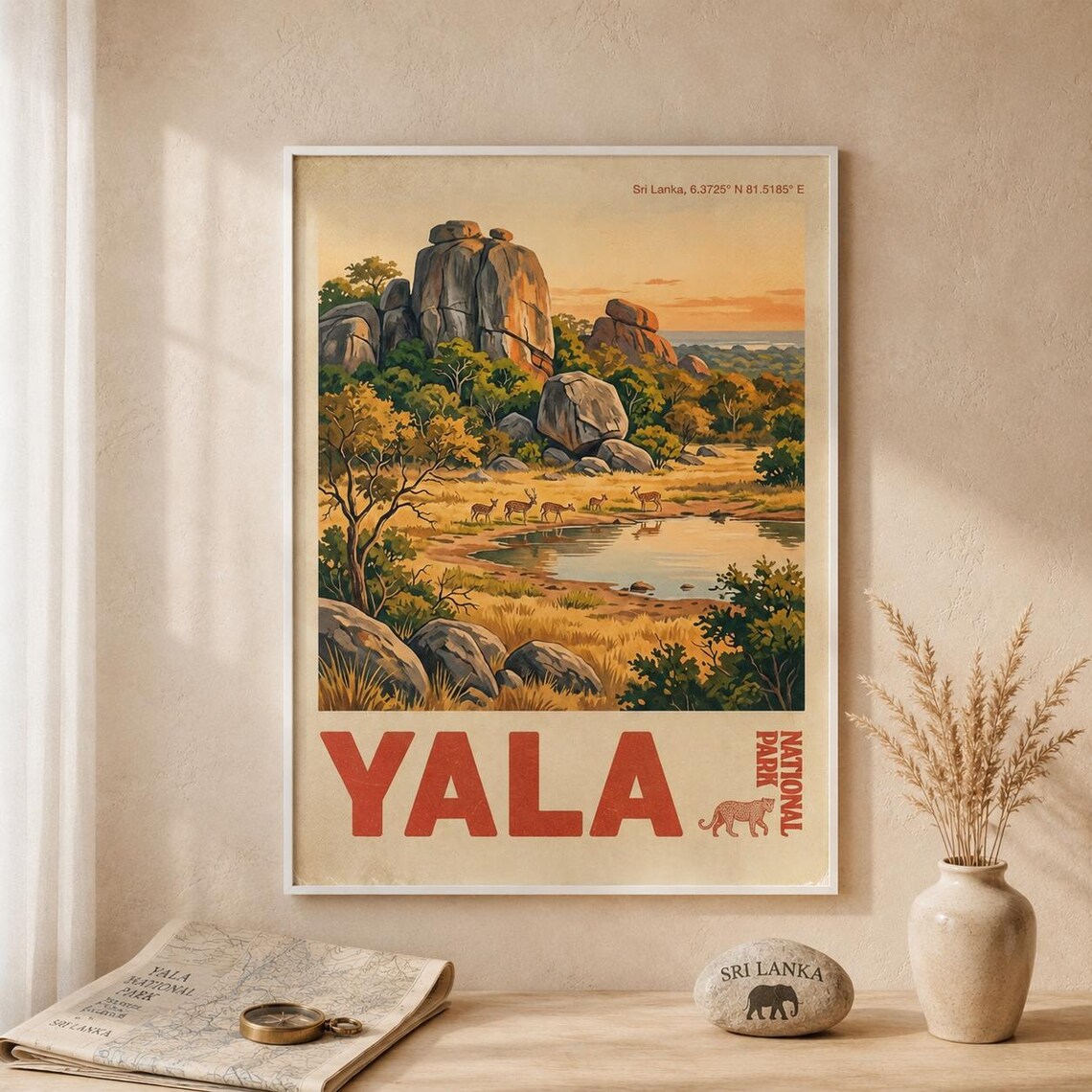 Yala National Park Vintage Safari Poster, Wildlife