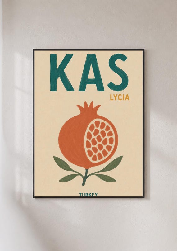 Kas Turkey Travel Poster Lycia Pomegranate Print Retro Turkish Wall Art