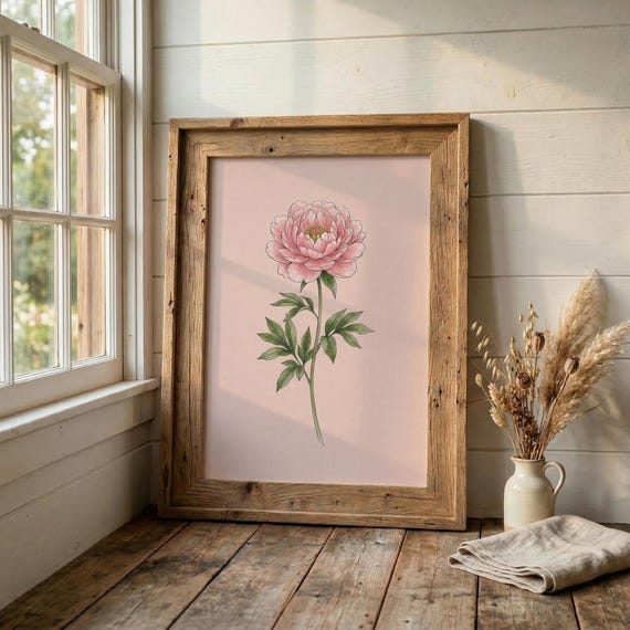 Minimalist Peony Botanical Print Pink Floral Wall Art Cottage Garden Illustration