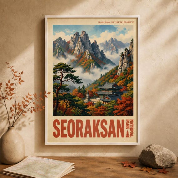 Seoraksan National Park Print Vintage Korean Mountain Autumn Landscape Poster