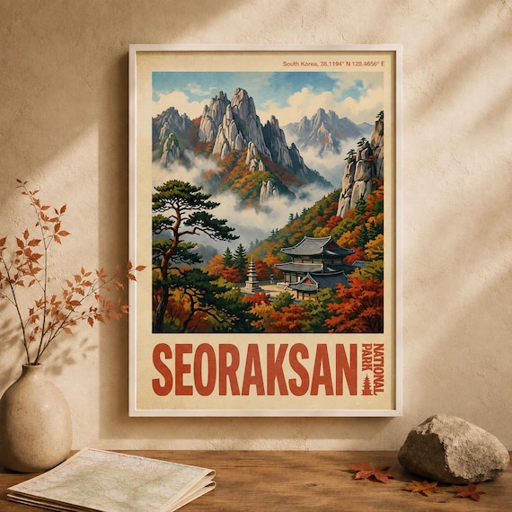 Seoraksan National Park Vintage Travel Poster South Korea Autumn Mountain Temple