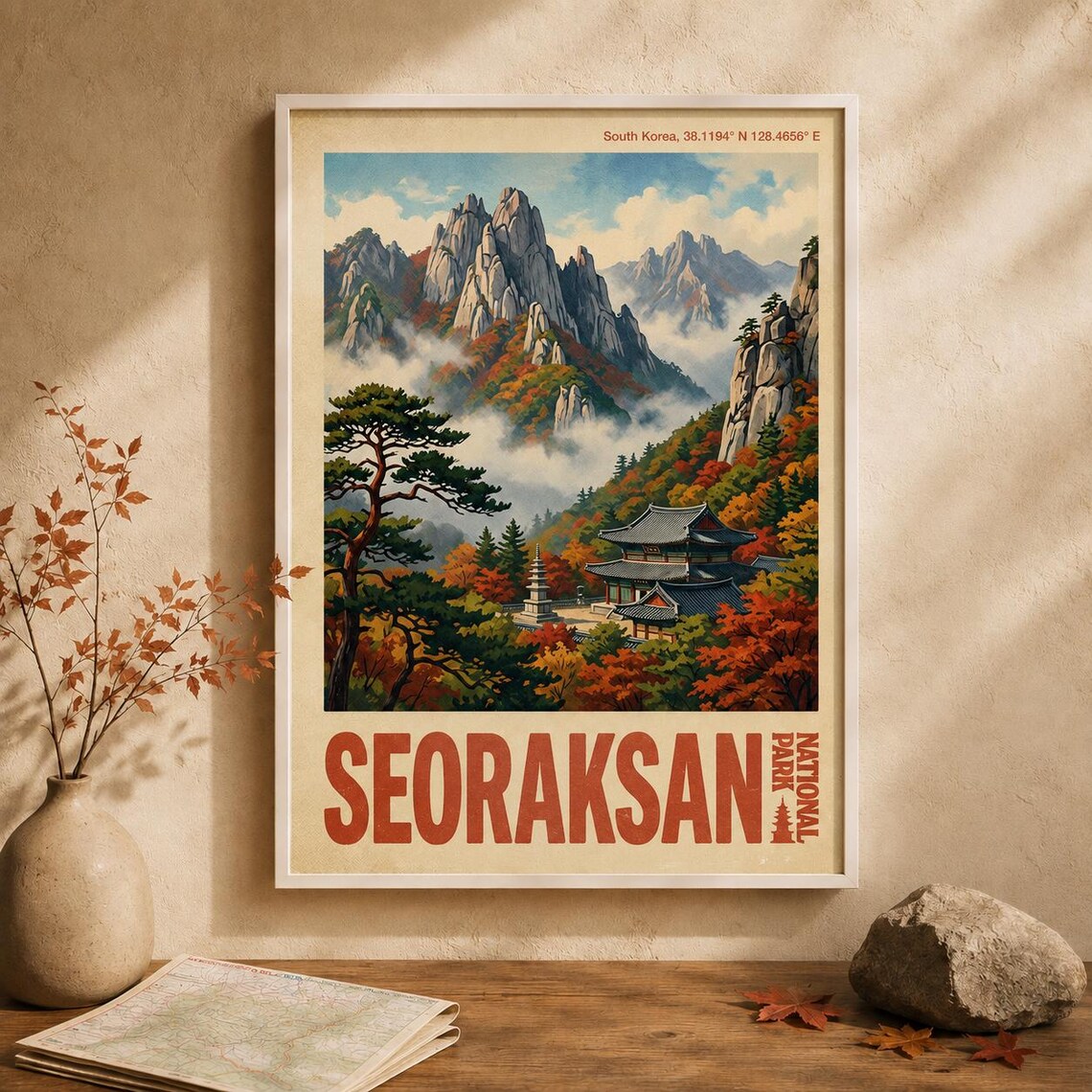 Seoraksan National Park Vintage Travel Poster South Korea Autumn Mountain Temple