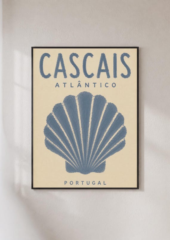 Cascais Portugal Travel Poster Scallop Shell Wall Art Vintage Coastal Print Blue Cream