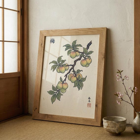 Japanese Ume Plum Branch Print Mokuhanga Style Botanical Wall Art
