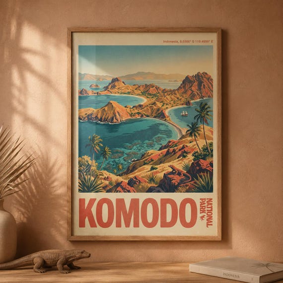 Komodo National Park Vintage Travel Poster Indonesia Coastal Landscape Wall Art