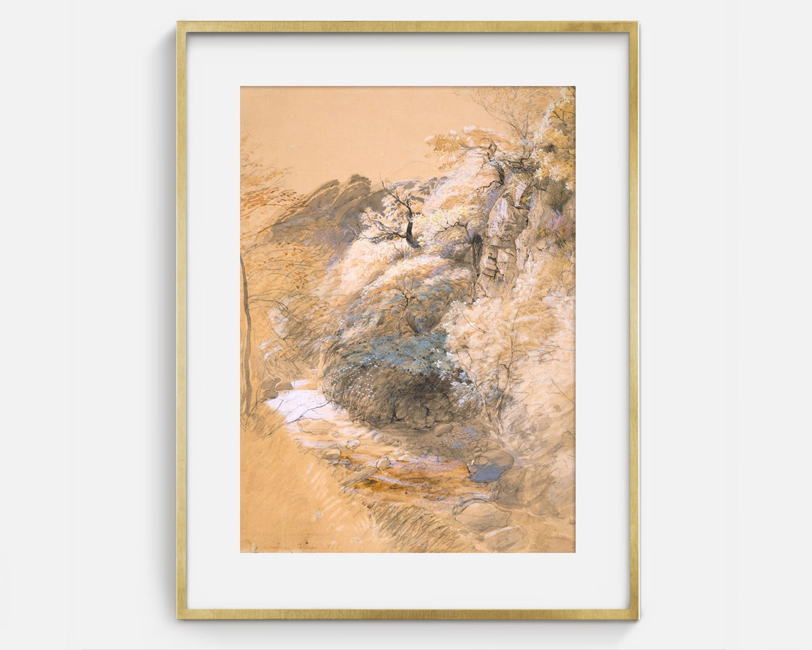 Sepia Rocky Stream Ravine Sketch Antique Landscape Art Print - Image 2