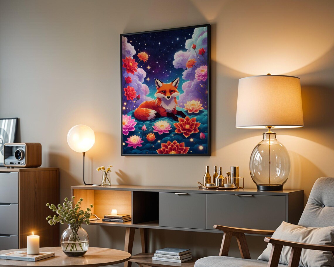 Red Fox Lotus Flowers Starry Night Dreamy Floral Garden Art Print - Image 3