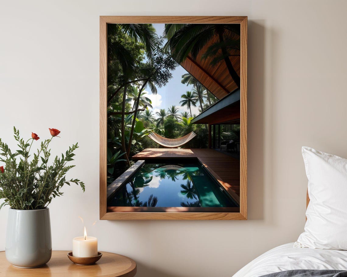 Tropical Villa Pool with Hammock Under Palm Trees in Paradise Poster