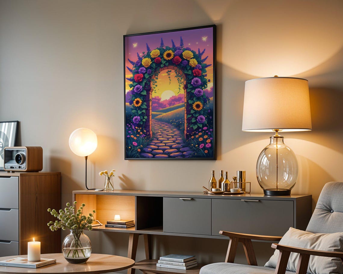 Flower Covered Stone Archway Over A Cobblestone Path At Sunset Poster - Image 3