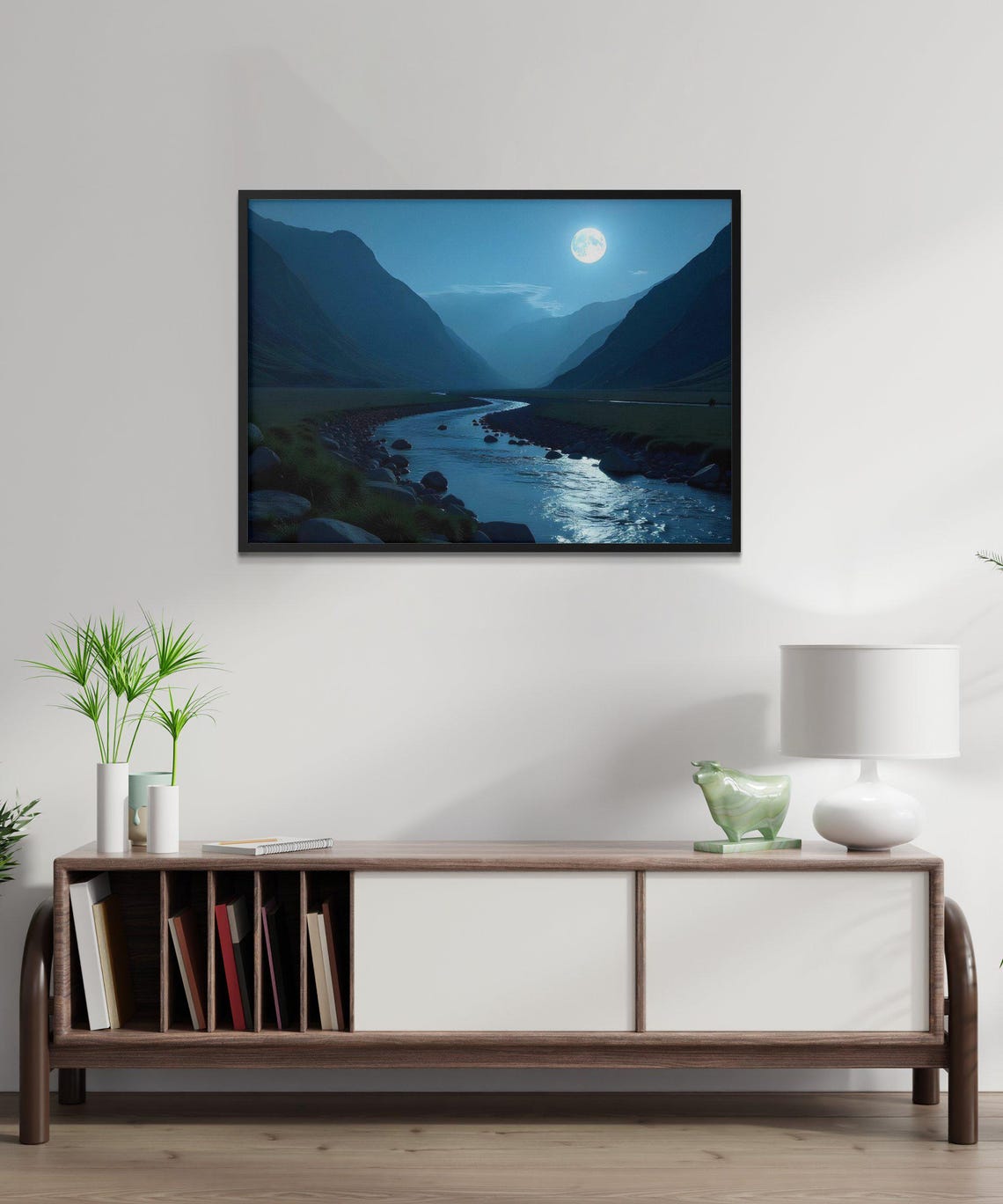 Moonlit Mountain River Scene Tranquil Night Landscape Art Serene Nature Wall Decor Blue Night Sky Print Scenic Mountain View - Image 3