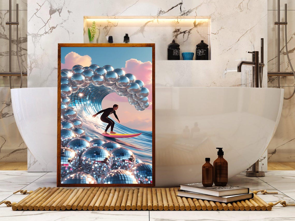 Surfer Riding Disco Ball Wave Wall Art Unique Ocean Surfing Decor Vibrant Beach Theme Artwork Retro Futuristic Wall Print - Image 2