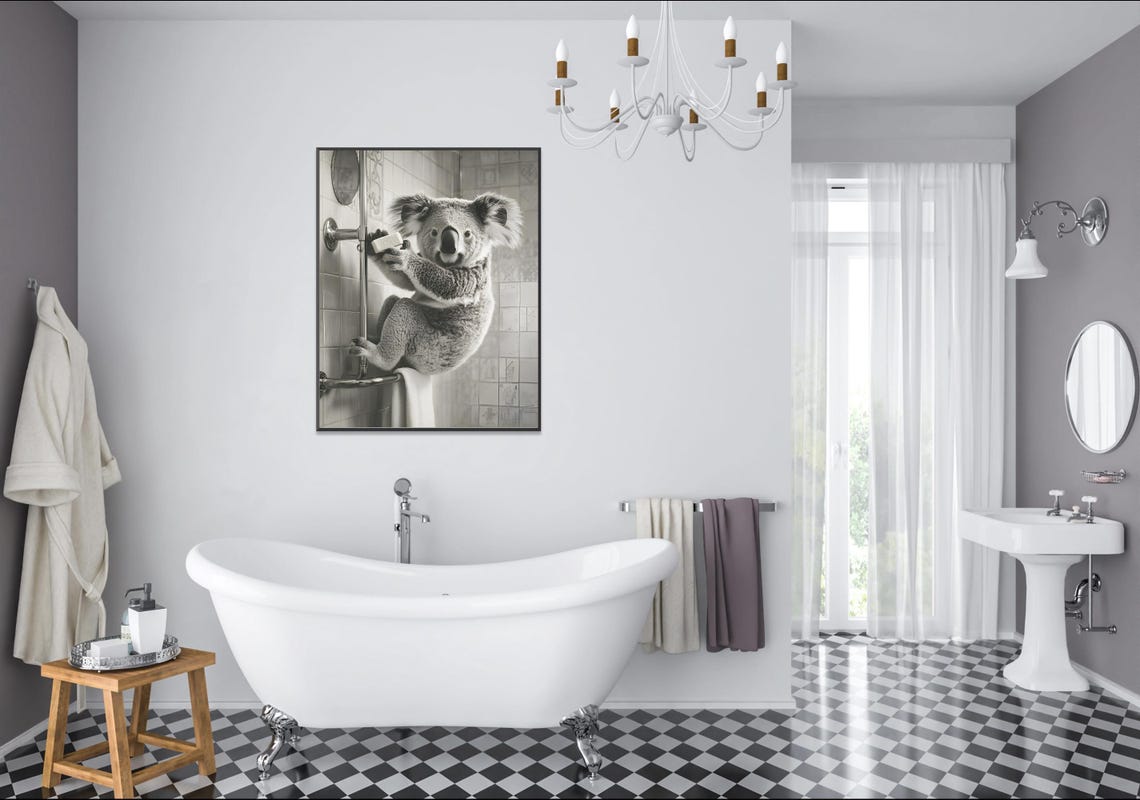 Koala Climbing a Shower Pole Holding Soap Black and White Poster - Image 2