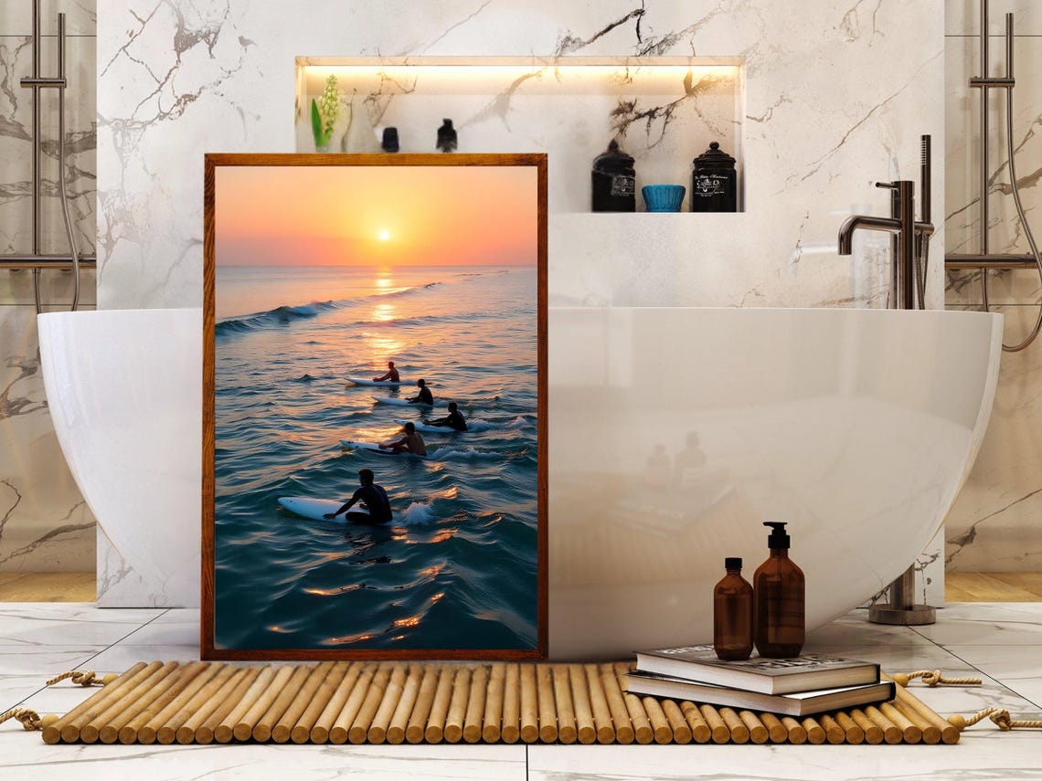 Surfers Paddling into Golden Sunset Ocean Waves Silhouette Poster - Image 2