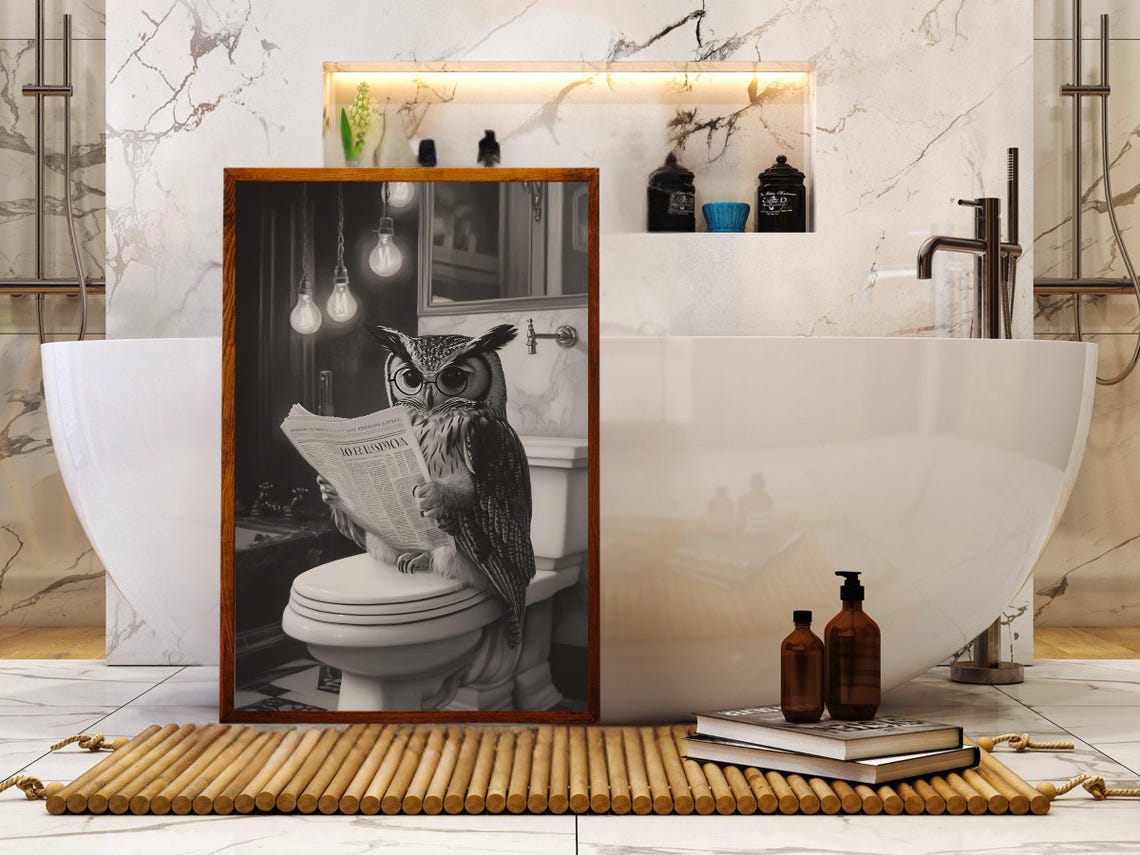 Owl Wearing Glasses Reading Newspaper Sepia Tone Bathroom Poster - Image 5