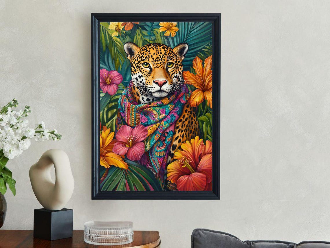 Colorful Leopard In A Bohemian Scarf Among Tropical Flowers Poster